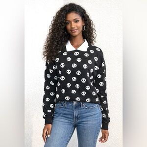 Black Skull Print Sweatshirt with Collar